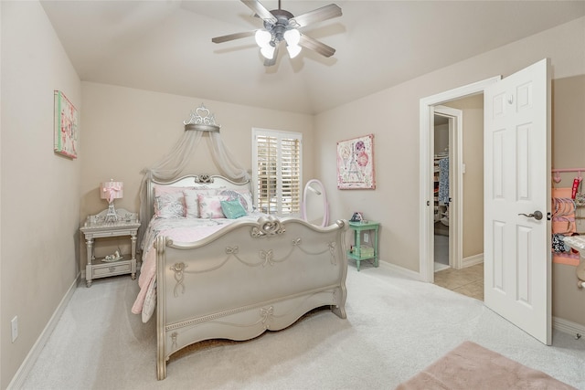 bedroom with light carpet, baseboards, and a ceiling fan