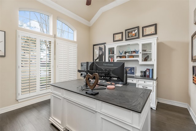 office featuring ornamental molding, dark wood-style flooring, ceiling fan, and baseboards