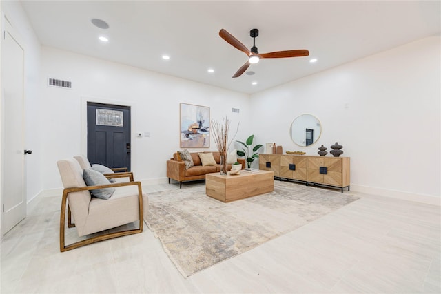 7517 Olympia Dr, Houston, TX 77063 - living area featuring recessed lighting, visible vents, ceiling fan, and baseboards