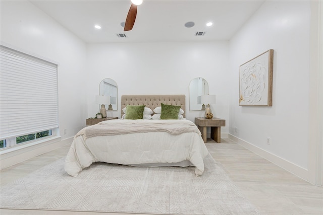 bedroom featuring baseboards, visible vents, a ceiling fan, and recessed lighting