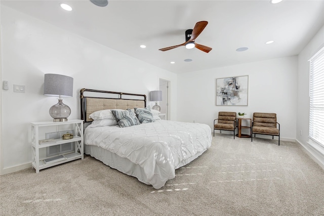 bedroom with carpet, ceiling fan, baseboards, and recessed lighting