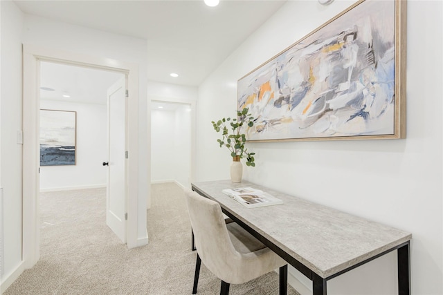 home office featuring recessed lighting, baseboards, and light colored carpet