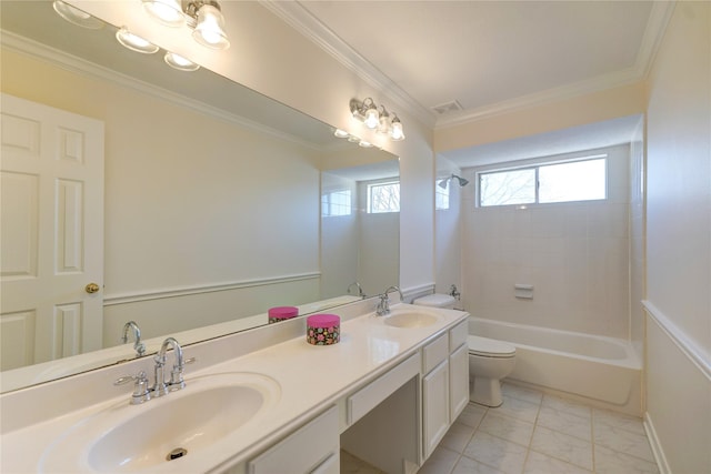 full bath featuring a sink, visible vents, ornamental molding, and double vanity