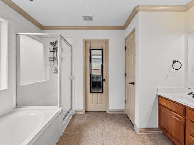 full bathroom with tile patterned flooring, visible vents, ornamental molding, and vanity