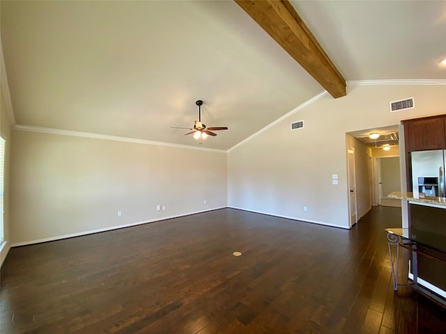 unfurnished living room with lofted ceiling with beams, a ceiling fan, visible vents, and dark wood-type flooring