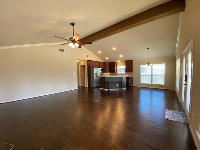 unfurnished living room featuring visible vents, dark wood-type flooring, vaulted ceiling with beams, crown molding, and ceiling fan with notable chandelier