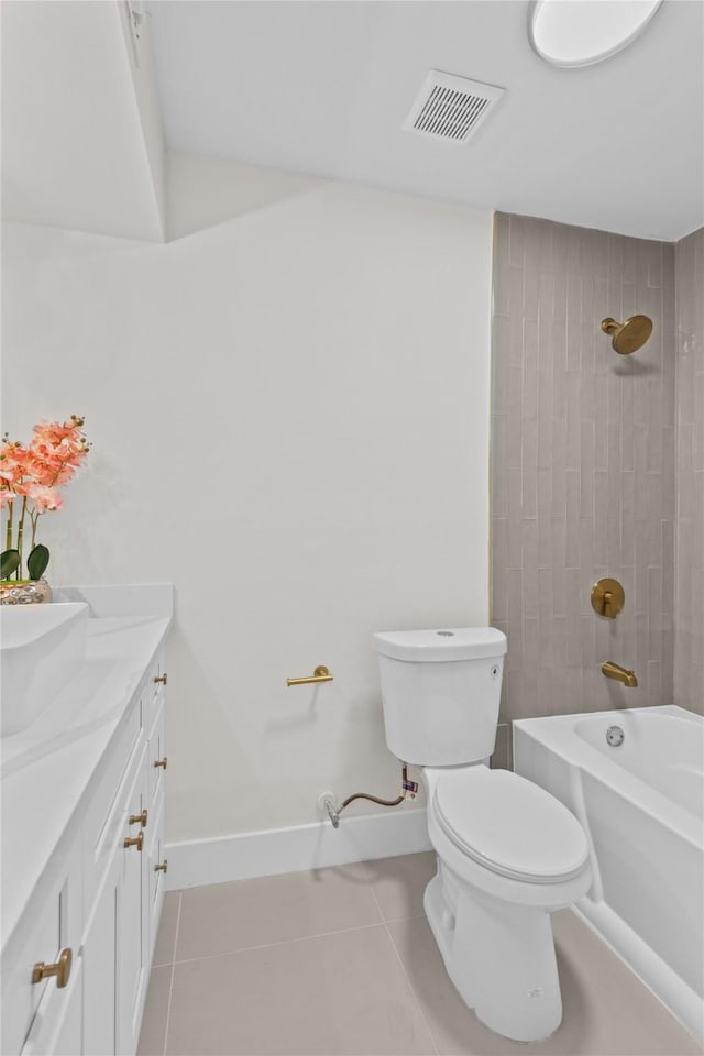 full bath featuring visible vents, baseboards, toilet, shower / tub combination, and tile patterned floors