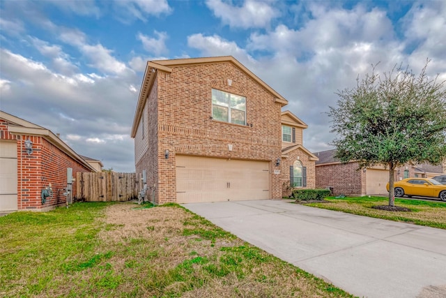 traditional home with driveway, brick siding, an attached garage, and fence