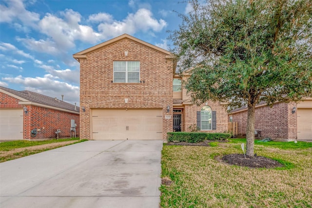 traditional home with a garage, a front lawn, concrete driveway, and brick siding