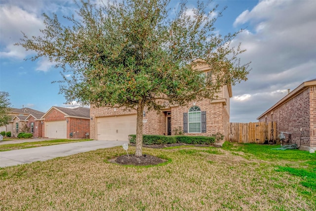 obstructed view of property with brick siding, fence, a garage, driveway, and a front lawn