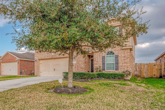 view of property hidden behind natural elements with driveway, a front yard, fence, and brick siding