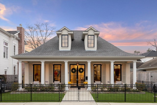 view of front facade featuring covered porch, roof with shingles, a front yard, and a fenced front yard