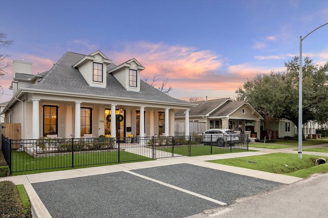 view of front of house featuring a fenced front yard, roof with shingles, a yard, stucco siding, and a porch