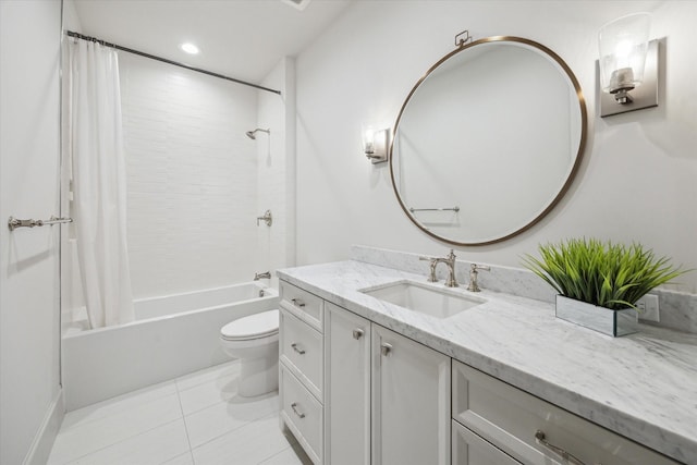 full bath featuring shower / bath combo, toilet, tile patterned floors, vanity, and recessed lighting