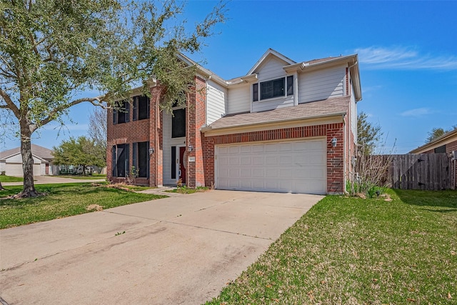 traditional-style home with a front lawn, brick siding, an attached garage, and fence