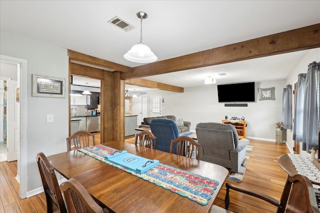 dining room featuring light wood finished floors, baseboards, visible vents, and beamed ceiling