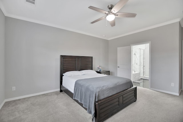 bedroom featuring baseboards, ornamental molding, visible vents, and light colored carpet