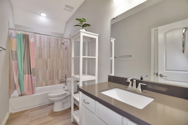 bathroom featuring toilet, shower / bath combo, visible vents, and vanity