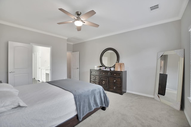 bedroom with light colored carpet, a ceiling fan, baseboards, visible vents, and ornamental molding