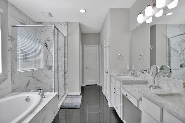 bathroom with a garden tub, a sink, visible vents, a marble finish shower, and double vanity