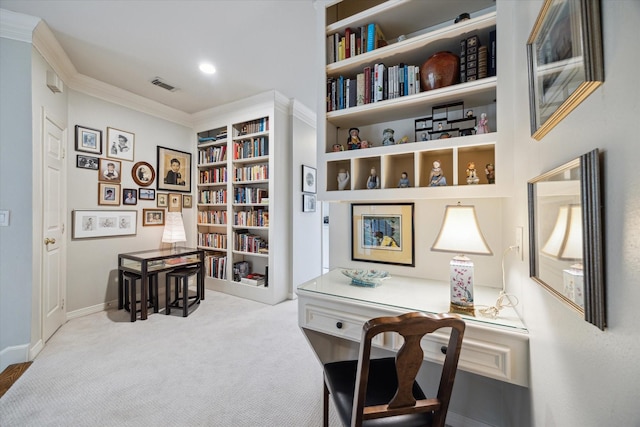 office with light carpet, ornamental molding, visible vents, and baseboards