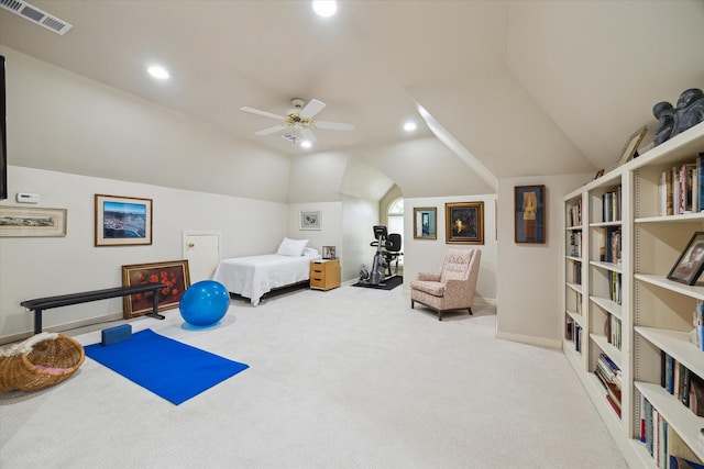 bedroom featuring lofted ceiling, recessed lighting, light colored carpet, visible vents, and baseboards