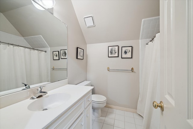 full bath featuring baseboards, lofted ceiling, toilet, tile patterned flooring, and vanity