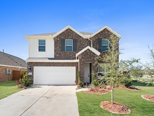 view of front of house featuring brick siding, fence, a garage, driveway, and a front lawn