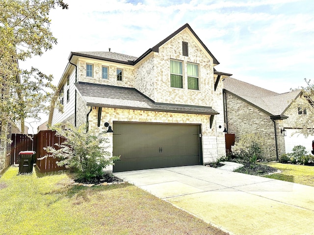 view of front of home featuring a front yard, fence, a garage, stone siding, and driveway