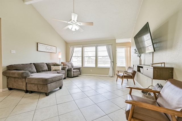 living area featuring high vaulted ceiling, light tile patterned floors, baseboards, and a ceiling fan