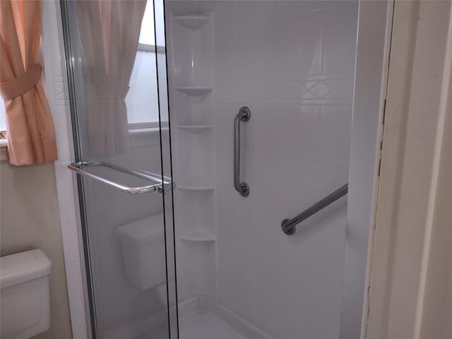 full bathroom with a stall shower and toilet