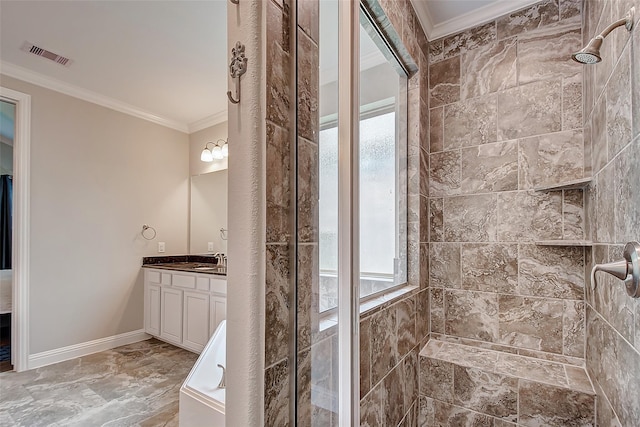 bathroom featuring visible vents, ornamental molding, baseboards, and vanity