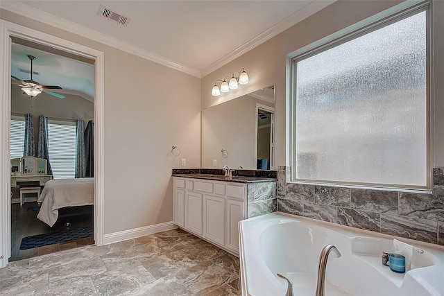 full bath featuring visible vents, ensuite bath, crown molding, vanity, and a bath