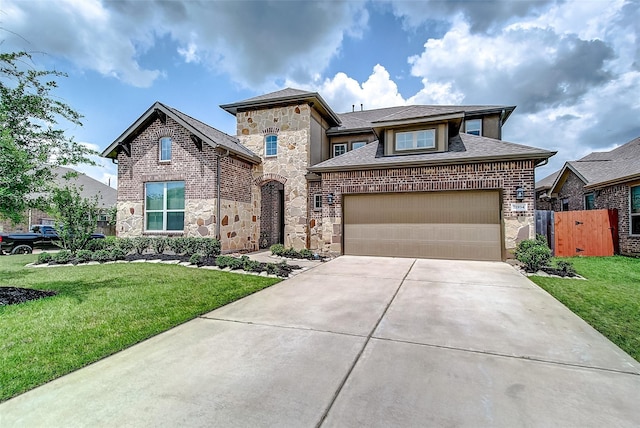 view of front facade with a garage, stone siding, a front yard, and driveway