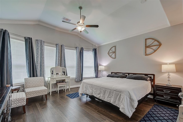 bedroom featuring ceiling fan, dark wood-type flooring, visible vents, vaulted ceiling, and ornamental molding