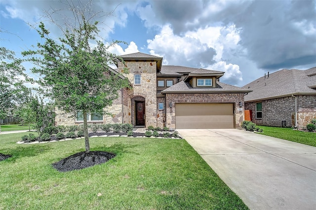 view of front of home featuring stone siding, an attached garage, a front lawn, and concrete driveway