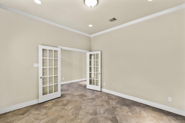 unfurnished room featuring ornamental molding, french doors, visible vents, and baseboards