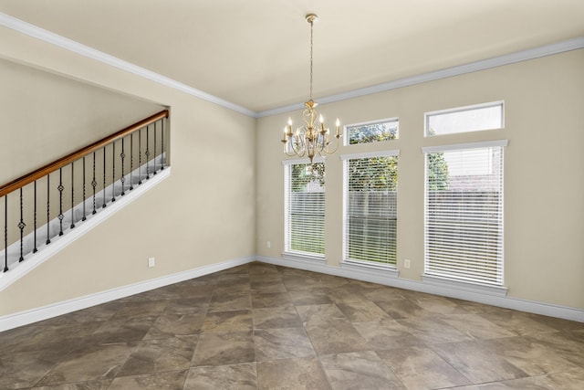 unfurnished dining area featuring baseboards, stairway, a notable chandelier, and ornamental molding