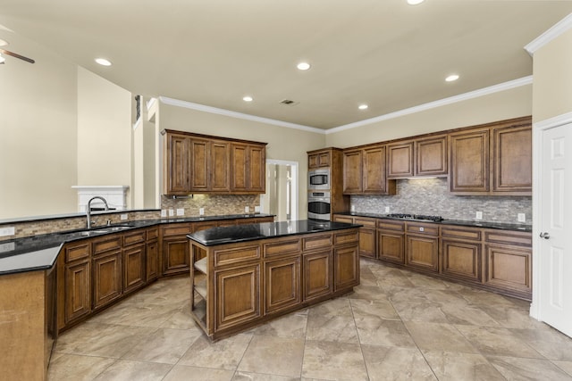 kitchen featuring decorative backsplash, appliances with stainless steel finishes, ornamental molding, a sink, and a kitchen island