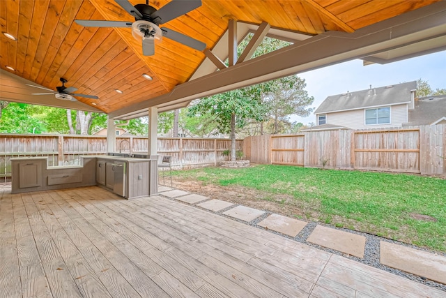 deck featuring a fenced backyard, a lawn, and a ceiling fan