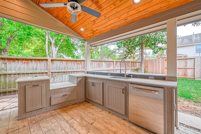 view of patio / terrace featuring a fenced backyard, a sink, a ceiling fan, exterior kitchen, and a wooden deck