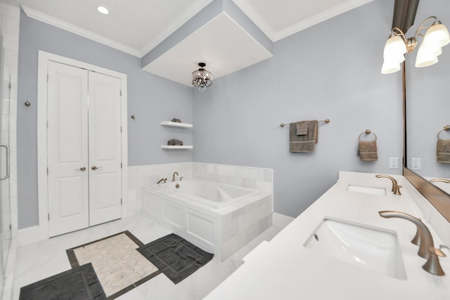 full bathroom featuring crown molding, a notable chandelier, and a sink