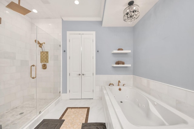 full bath featuring a jetted tub, a shower stall, a closet, and recessed lighting