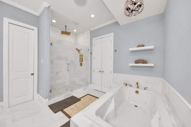 full bathroom featuring recessed lighting, a tub with jets, ornamental molding, and a shower stall