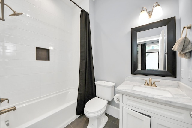 full bath with toilet, shower / bathtub combination with curtain, vanity, and tile patterned floors