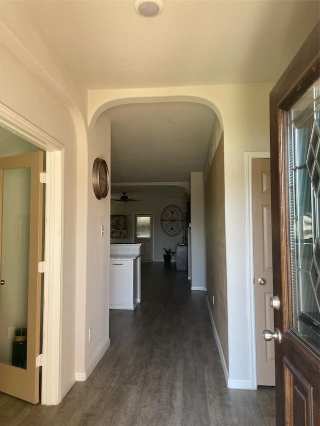 hall with arched walkways, a healthy amount of sunlight, dark wood finished floors, and baseboards