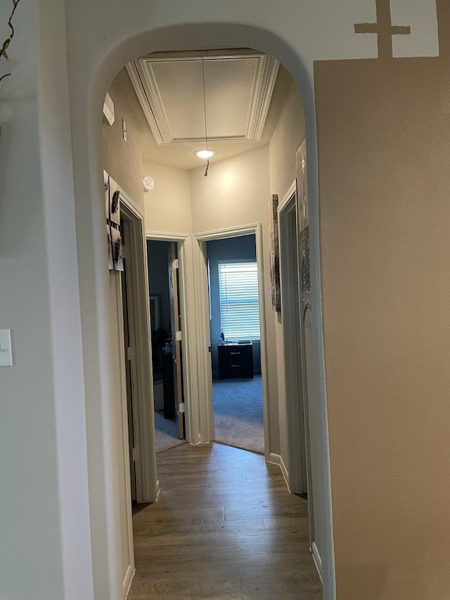 hallway with attic access, arched walkways, and wood finished floors