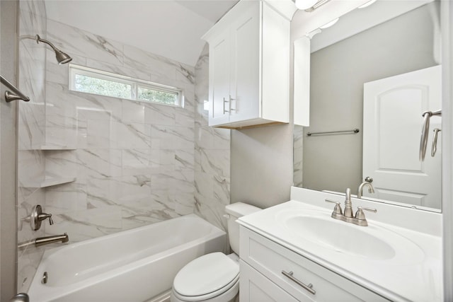 full bathroom featuring bathtub / shower combination, vanity, and toilet