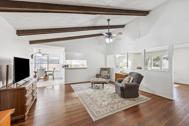 living area featuring dark wood-style floors, a healthy amount of sunlight, and a textured ceiling