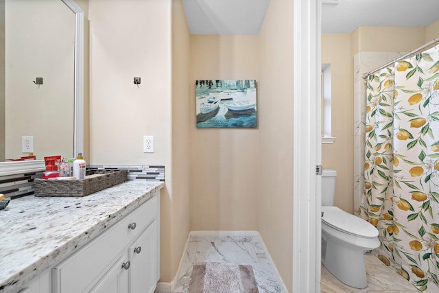 full bath with marble finish floor, baseboards, vanity, and toilet